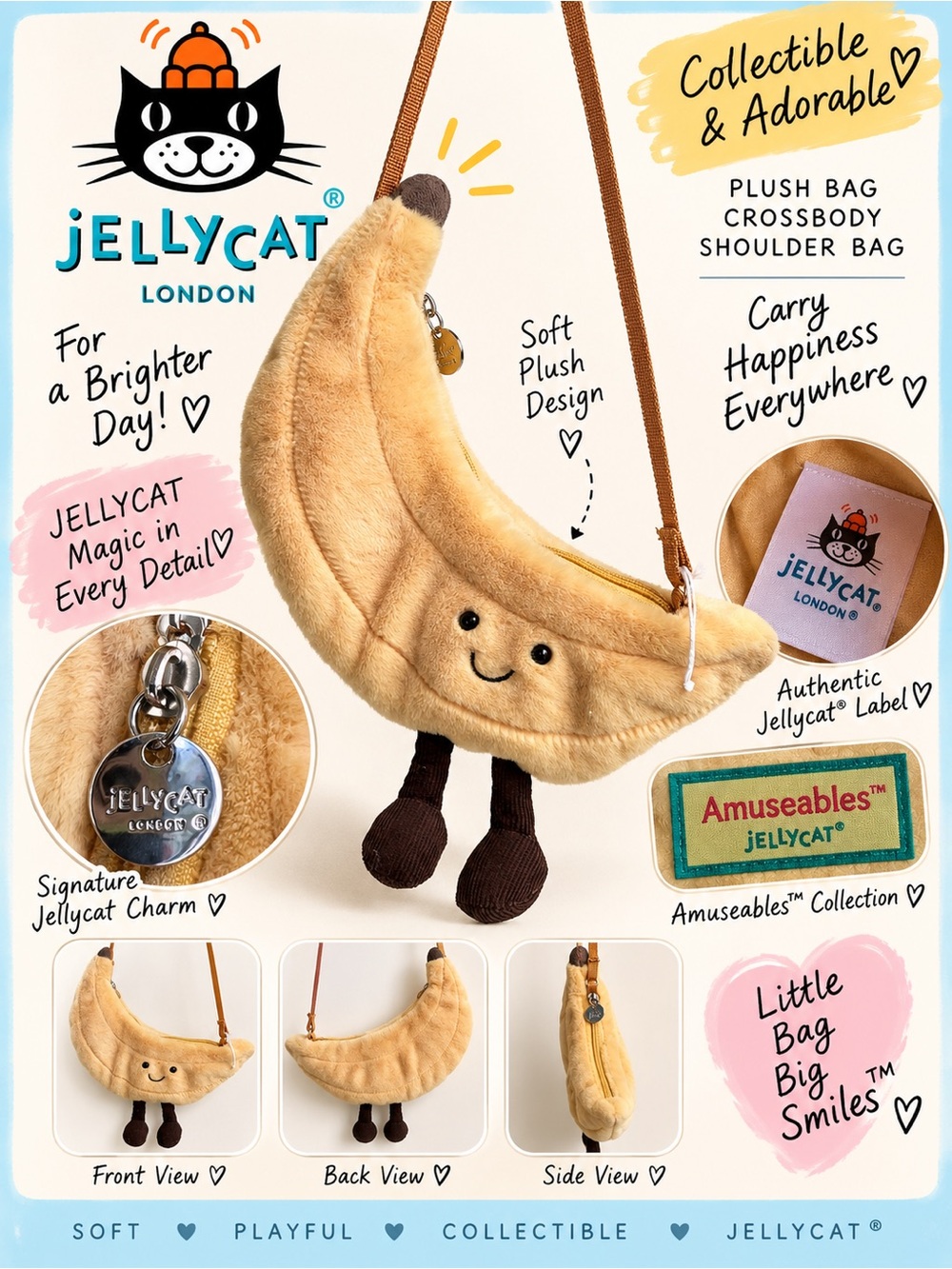 Jellycat Plush Banana Crossbody Bag in Soft Yellow with Brown Legs NWOT